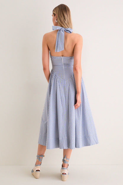 Blue Gingham Meana Halter Midi Dress