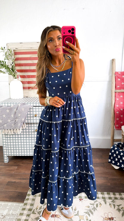 Mediterranean Midnight Polka Dot Dress, Navy