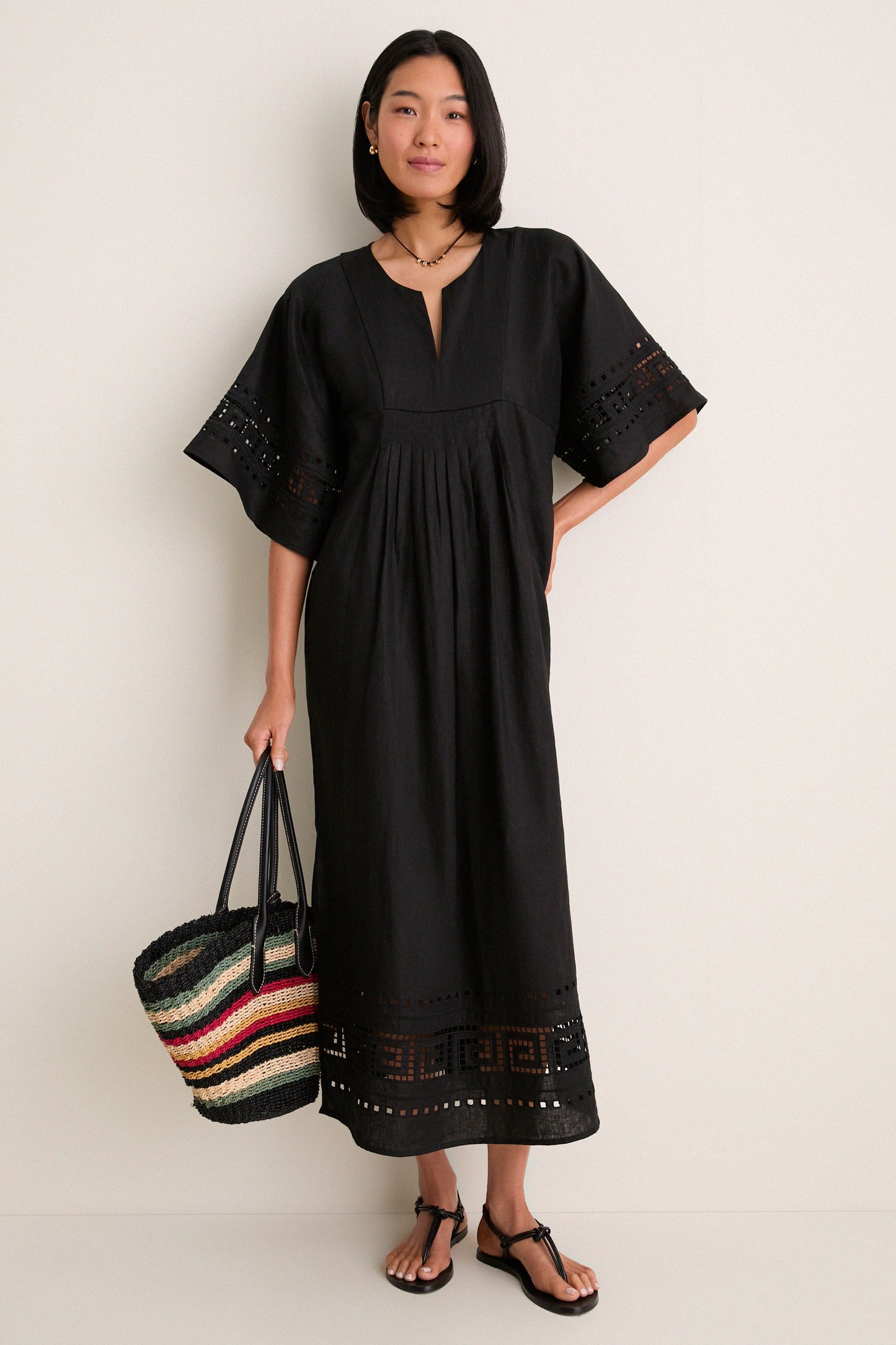 Black Greek Key Embroidered Linen Adrianne Dress