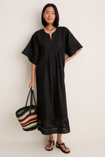 Black Greek Key Embroidered Linen Adrianne Dress