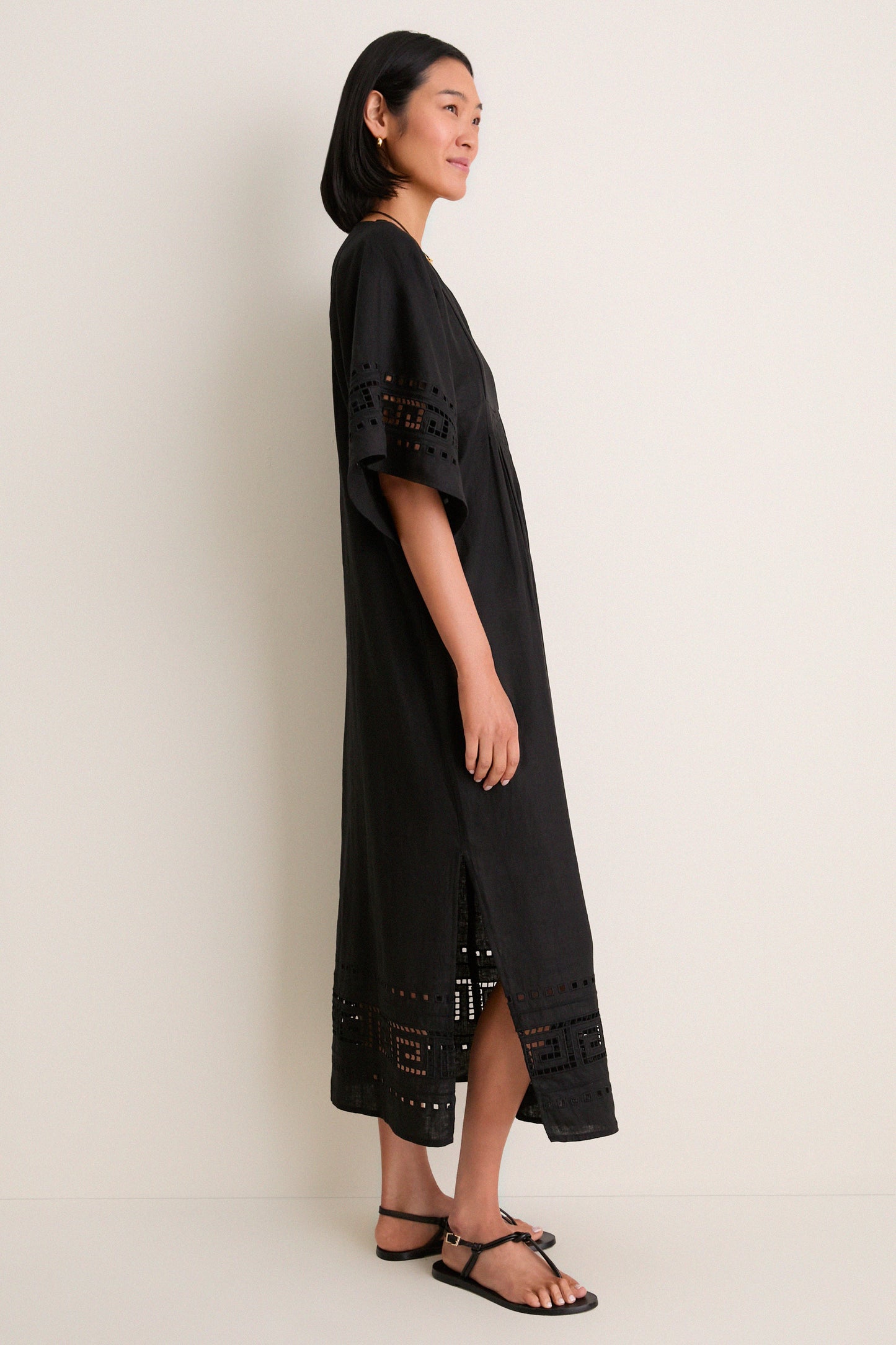 Black Greek Key Embroidered Linen Adrianne Dress