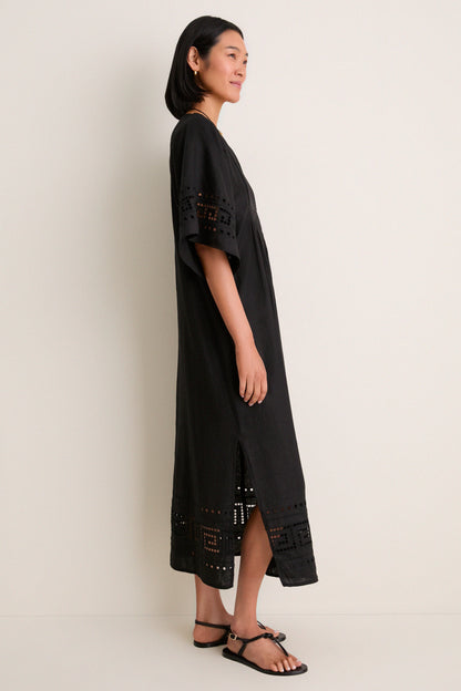 Black Greek Key Embroidered Linen Adrianne Dress