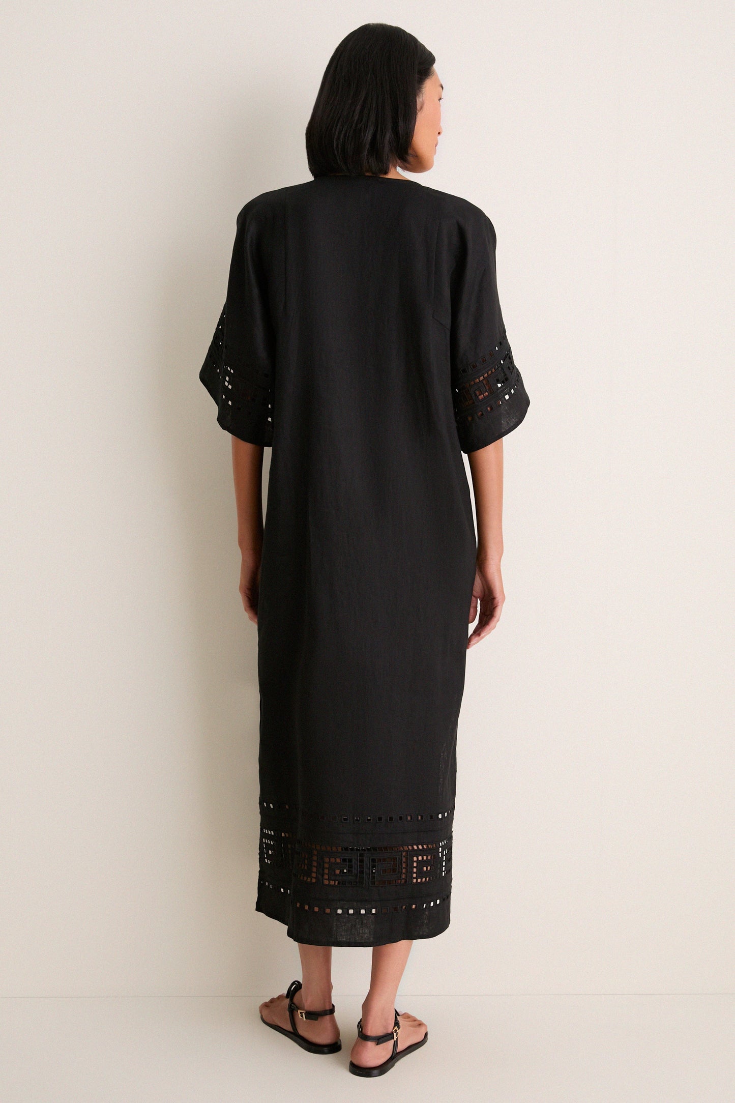 Black Greek Key Embroidered Linen Adrianne Dress
