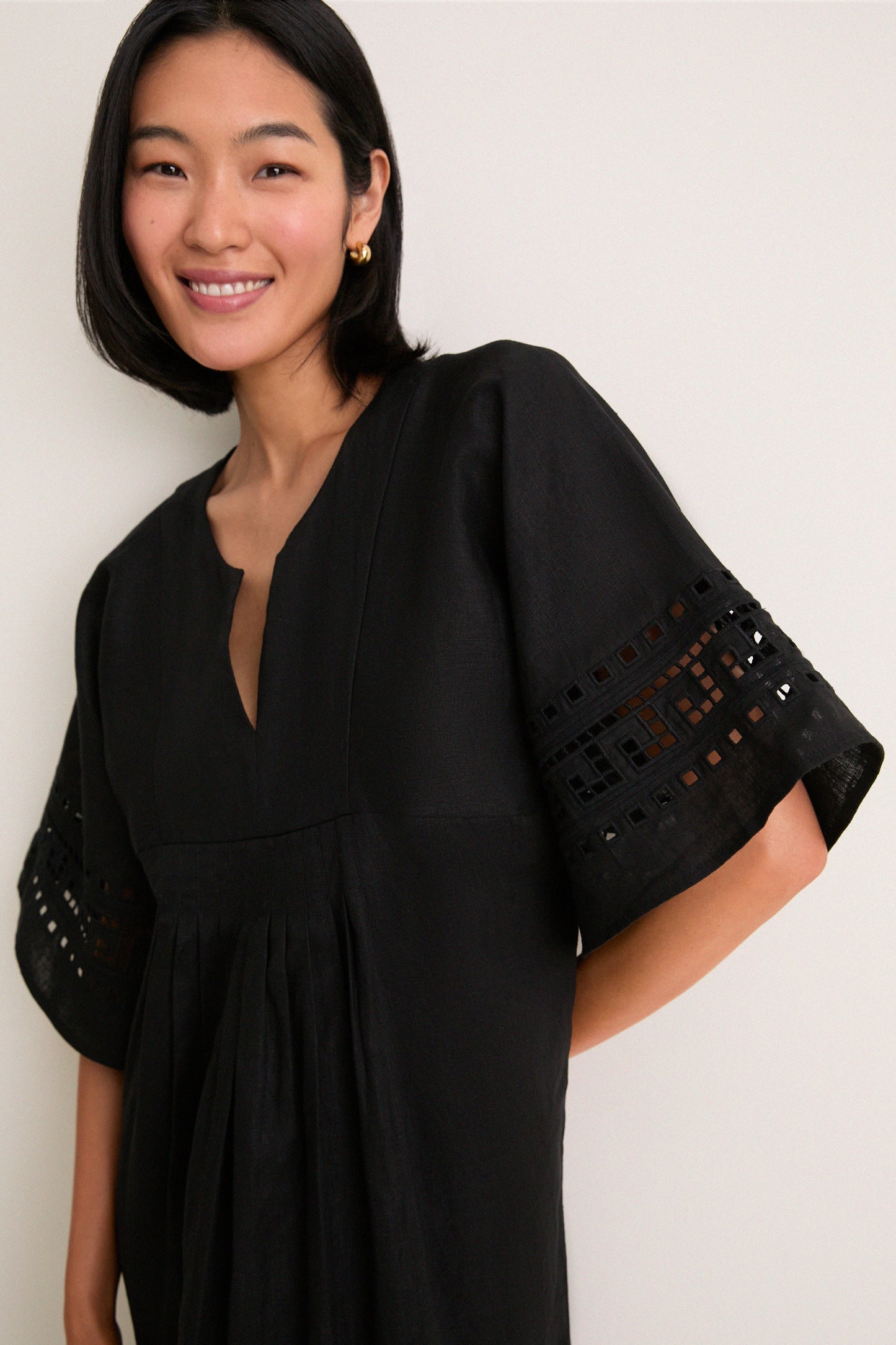 Black Greek Key Embroidered Linen Adrianne Dress