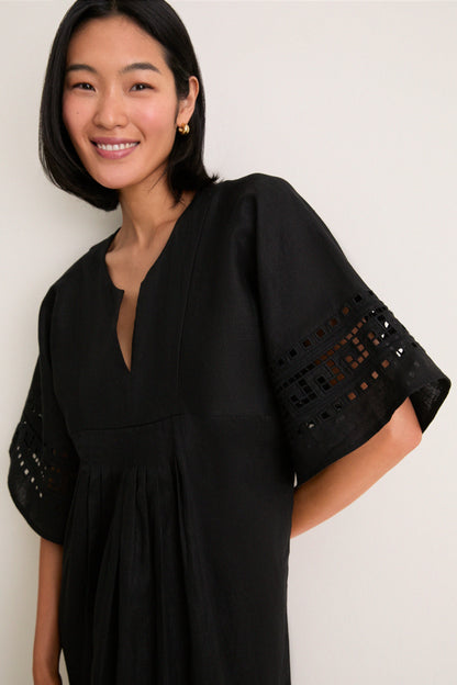 Black Greek Key Embroidered Linen Adrianne Dress
