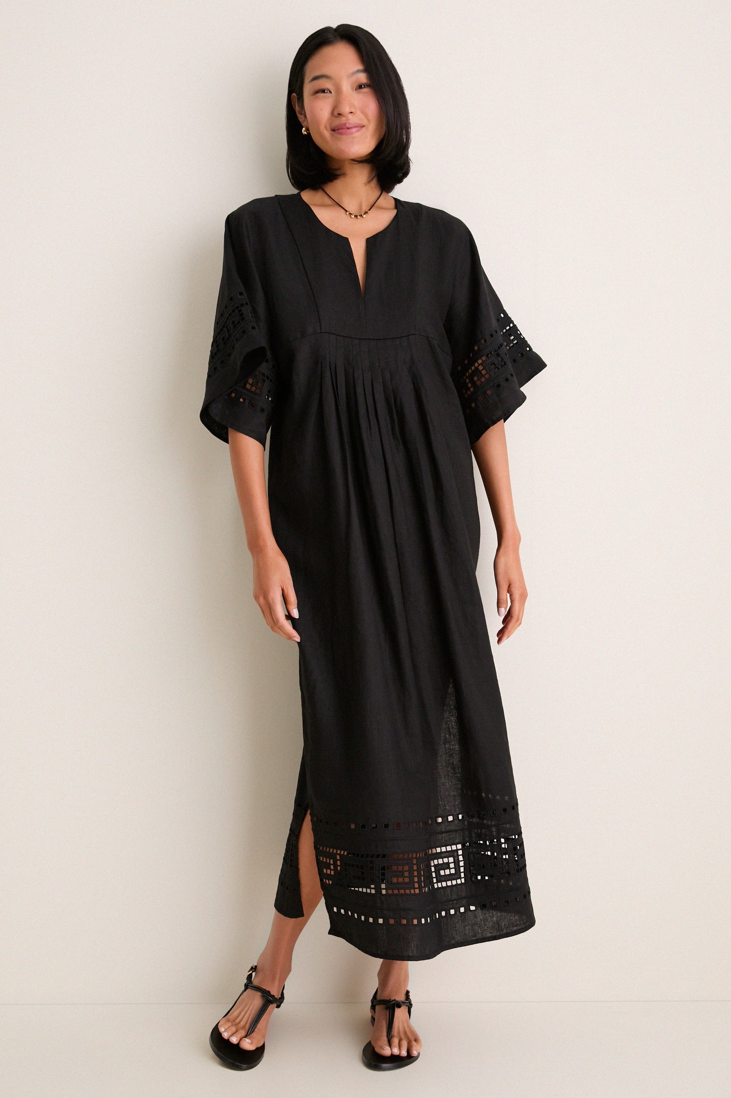 Black Greek Key Embroidered Linen Adrianne Dress