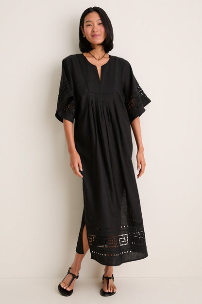 Black Greek Key Embroidered Linen Adrianne Dress