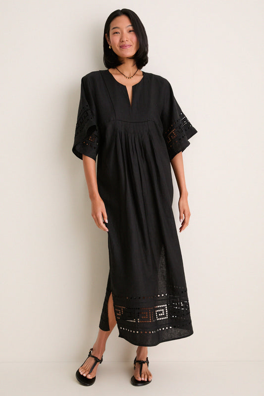 Black Greek Key Embroidered Linen Adrianne Dress
