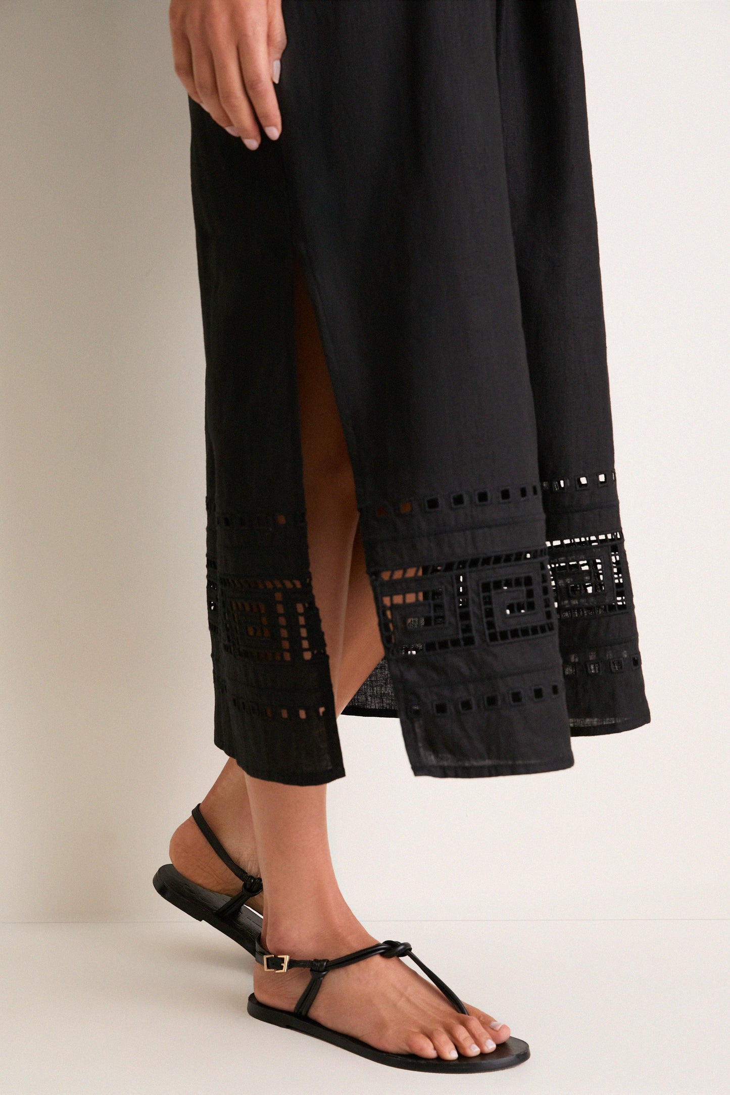 Black Greek Key Embroidered Linen Adrianne Dress