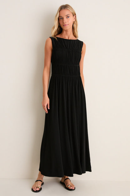 Black Crepe Jersey Smocked Aurelia Dress