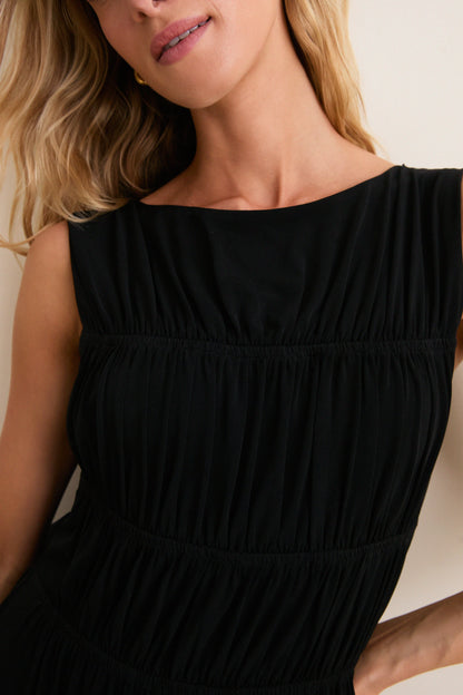 Black Crepe Jersey Smocked Aurelia Dress