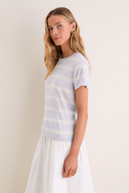 Blue and Ivory Stripe Cashmere Silk Katie Tee