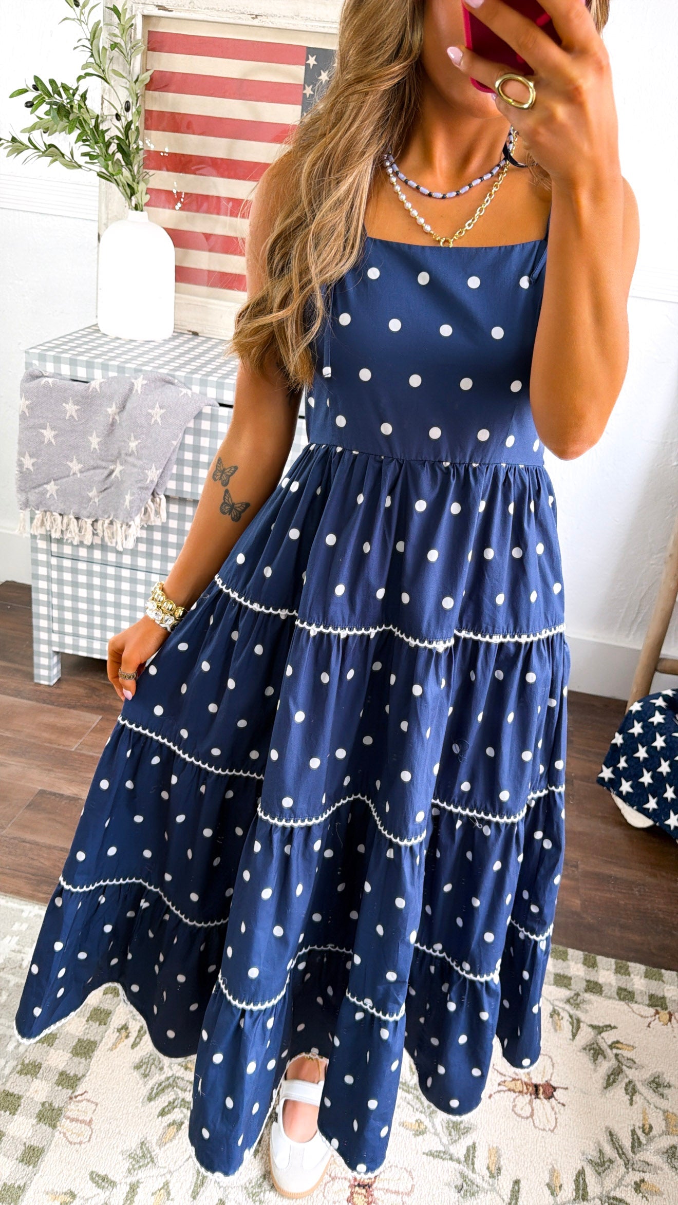 Mediterranean Midnight Polka Dot Dress, Navy