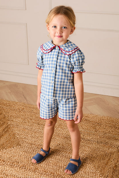 Blue Gingham Statement Collar Top