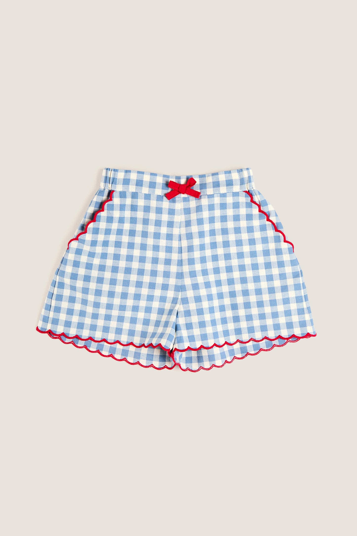 Blue Gingham Shorts with Red Trim