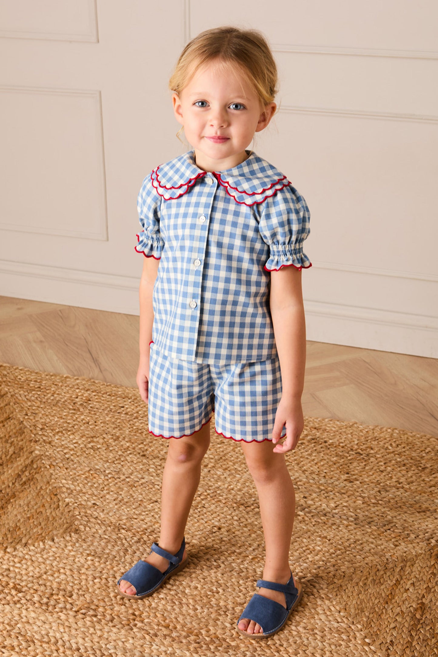 Blue Gingham Shorts with Red Trim
