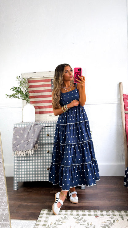 Mediterranean Midnight Polka Dot Dress, Navy