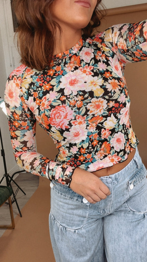 Floral Mesh Long Sleeve Top, Black