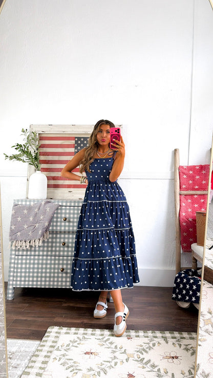 Mediterranean Midnight Polka Dot Dress, Navy