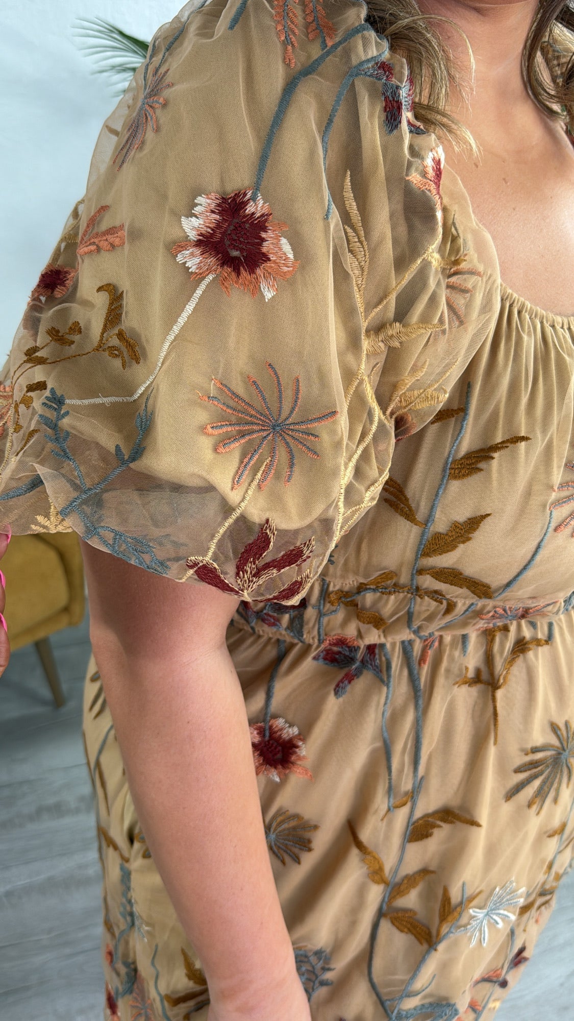 Blossom Meadows Embroidered Dress, Camel