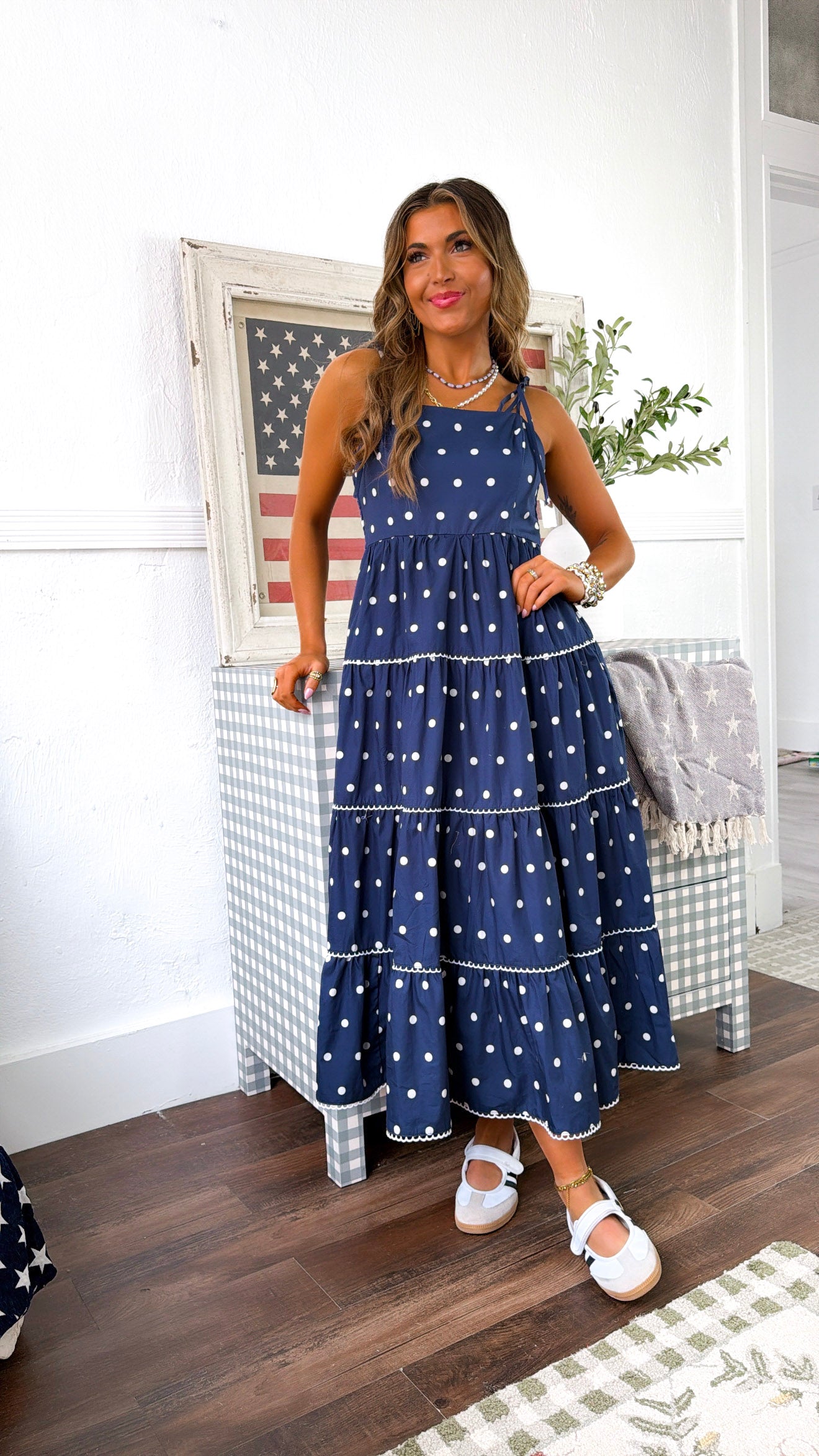 Mediterranean Midnight Polka Dot Dress, Navy