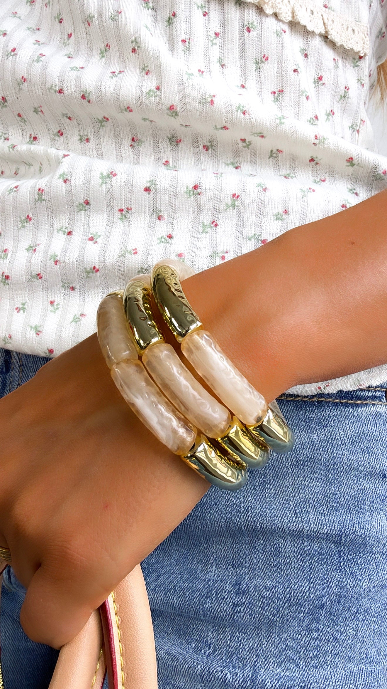 Golden Meadow Bracelet Stack, Beige/ Gold