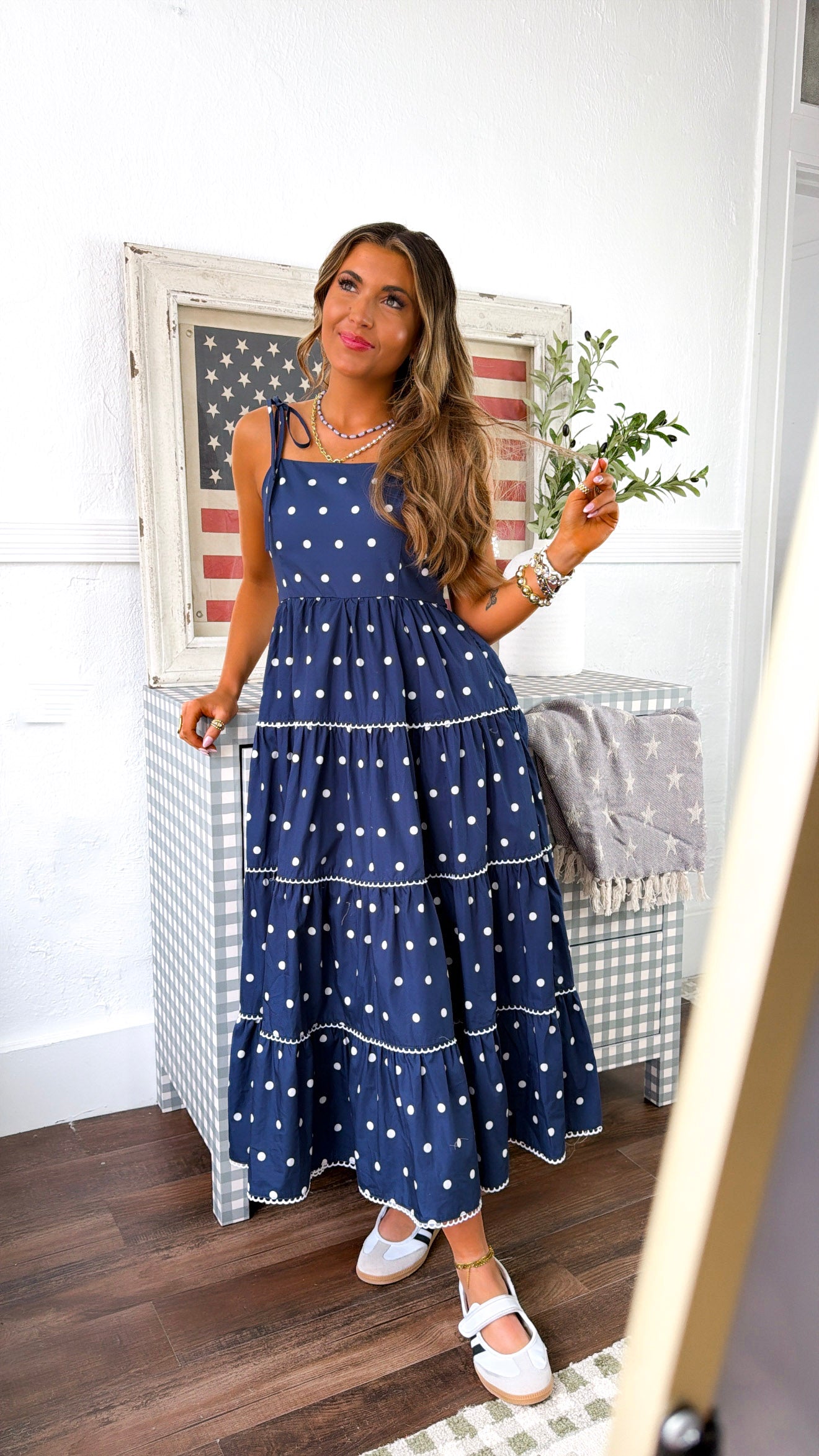 Mediterranean Midnight Polka Dot Dress, Navy