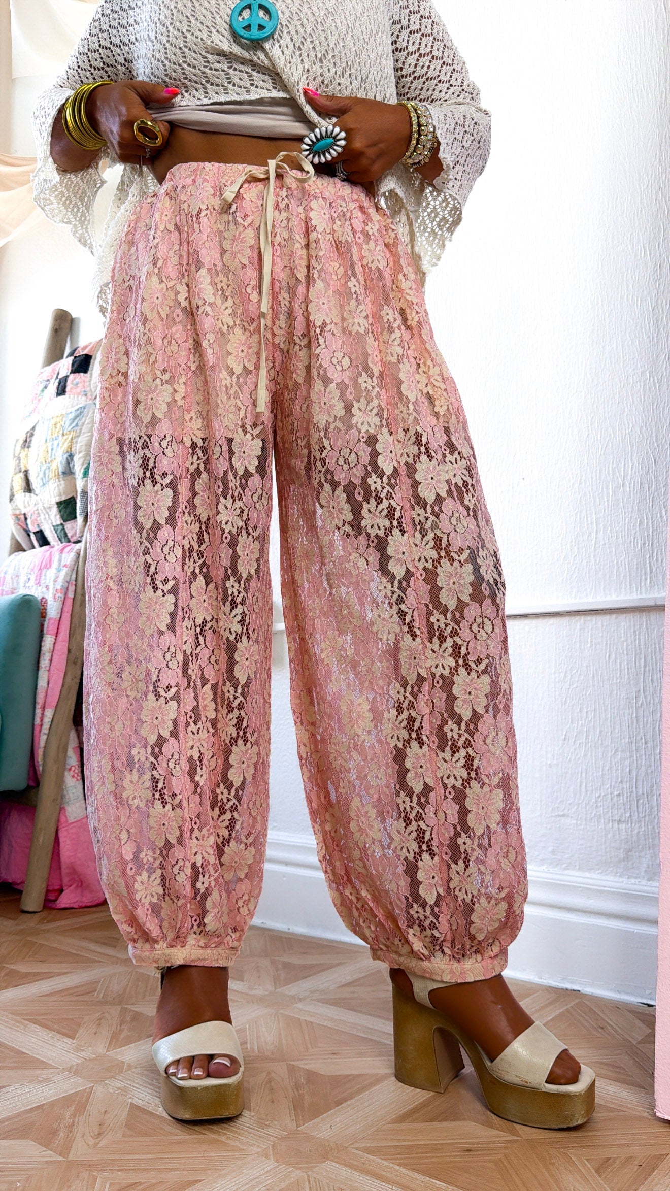 Floral Lace Balloon Joggers, Blush/Peach