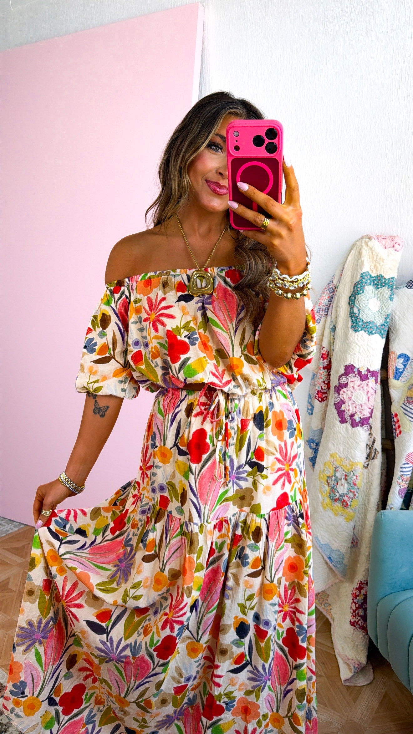 Floral Bouquet Two Piece Set, Tan/Multi