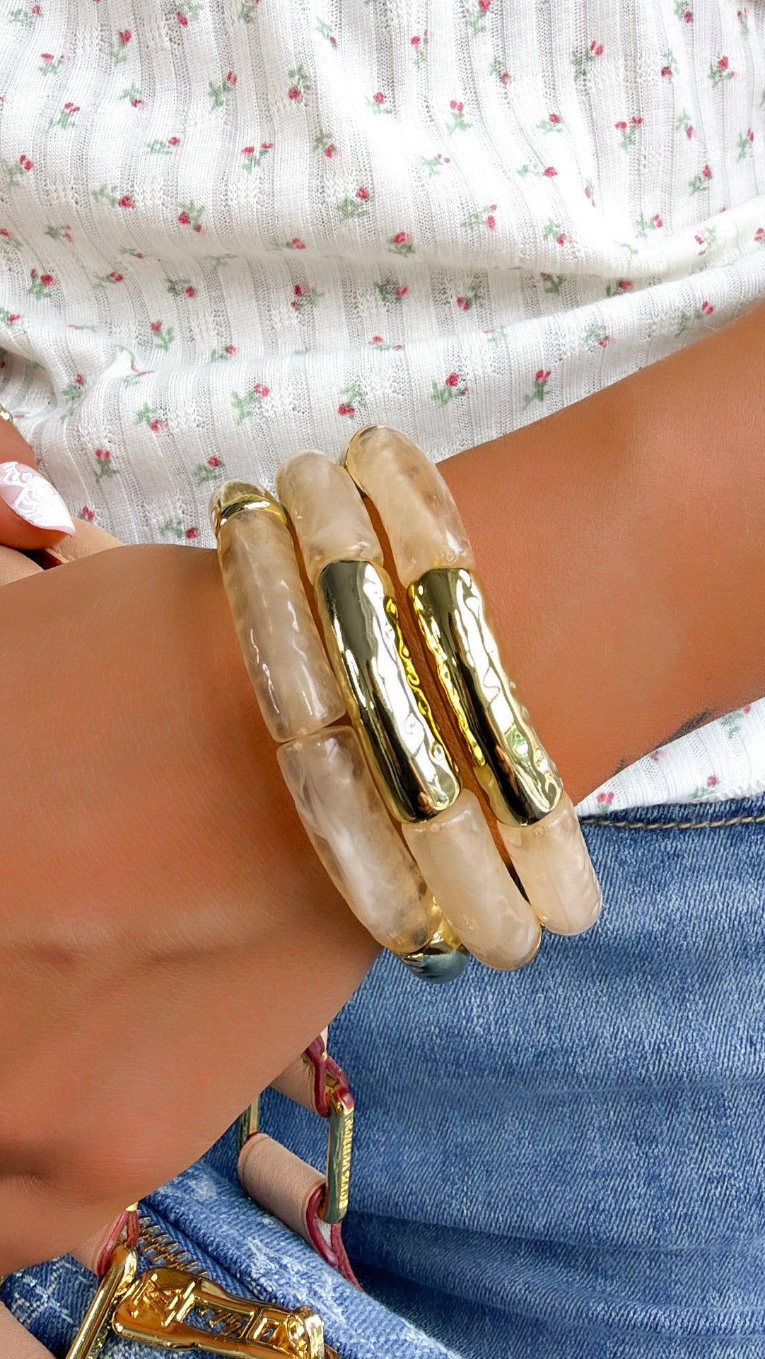 Golden Meadow Bracelet Stack, Beige/ Gold