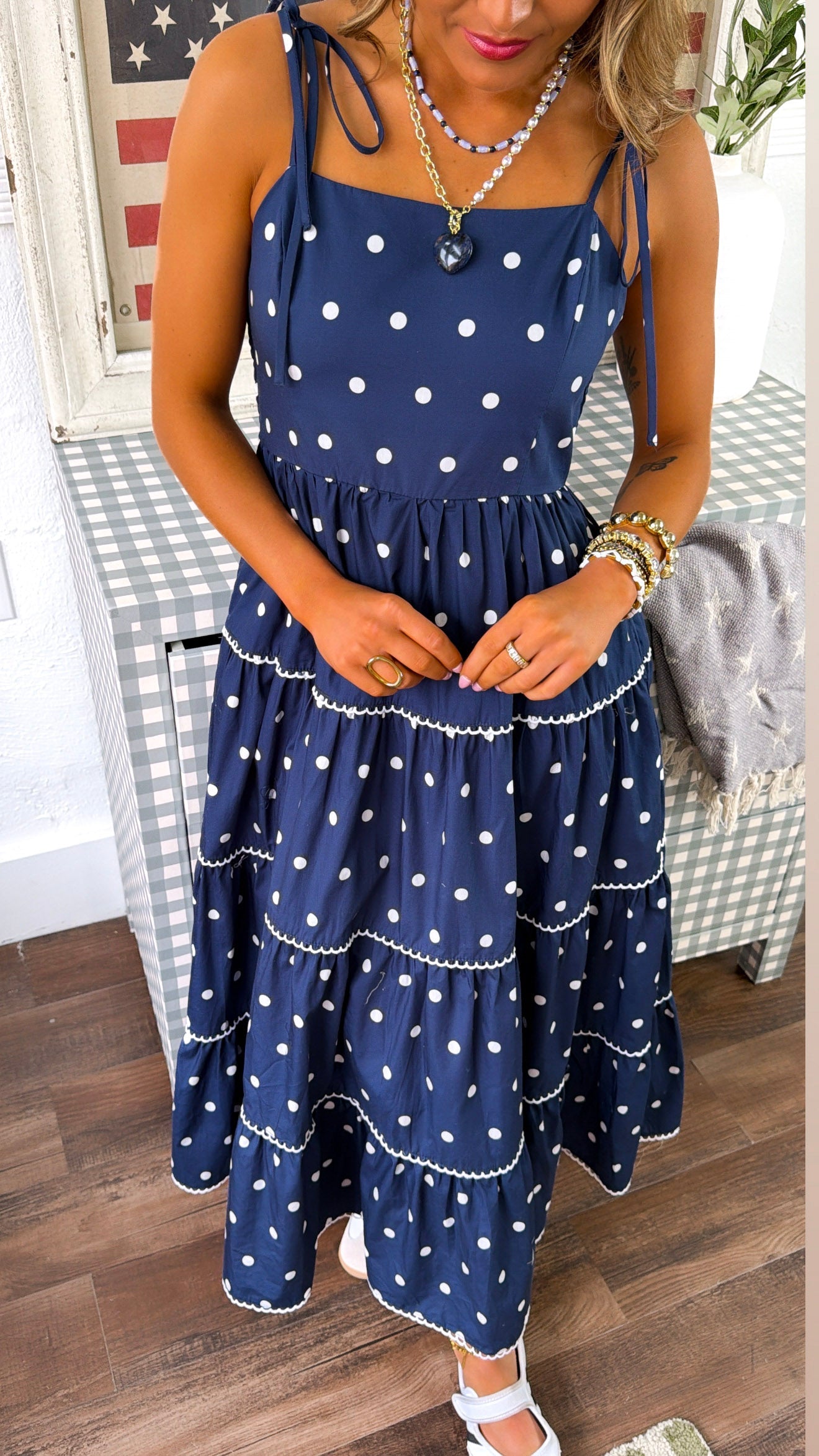 Mediterranean Midnight Polka Dot Dress, Navy