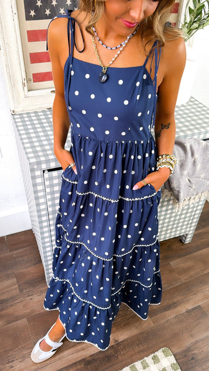 Mediterranean Midnight Polka Dot Dress, Navy