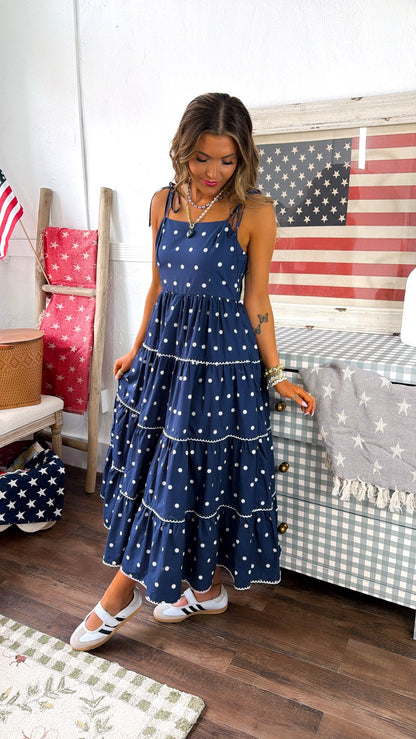 Mediterranean Midnight Polka Dot Dress, Navy