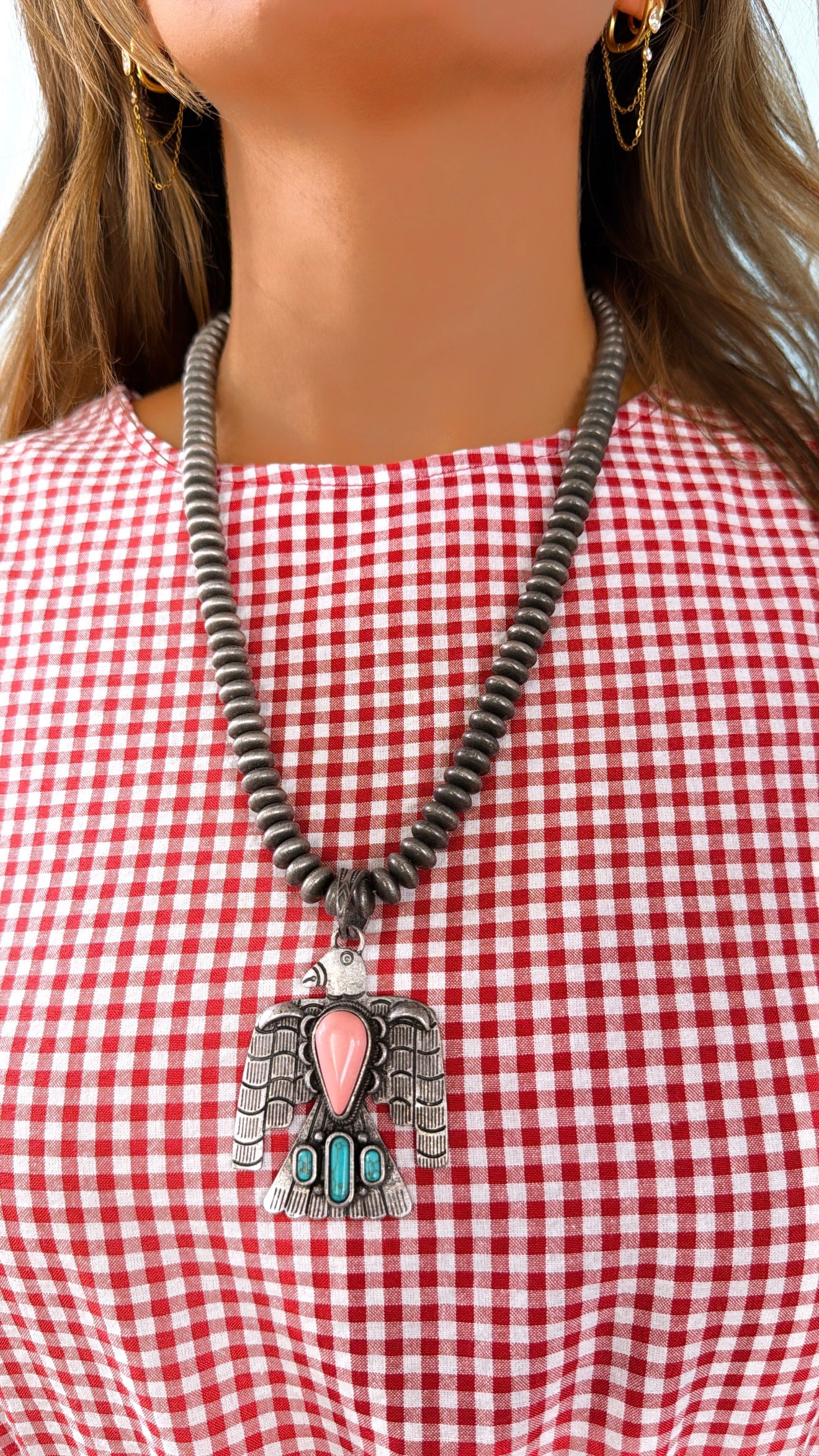Eagle Pendant Beaded Necklace, Lt.Pink