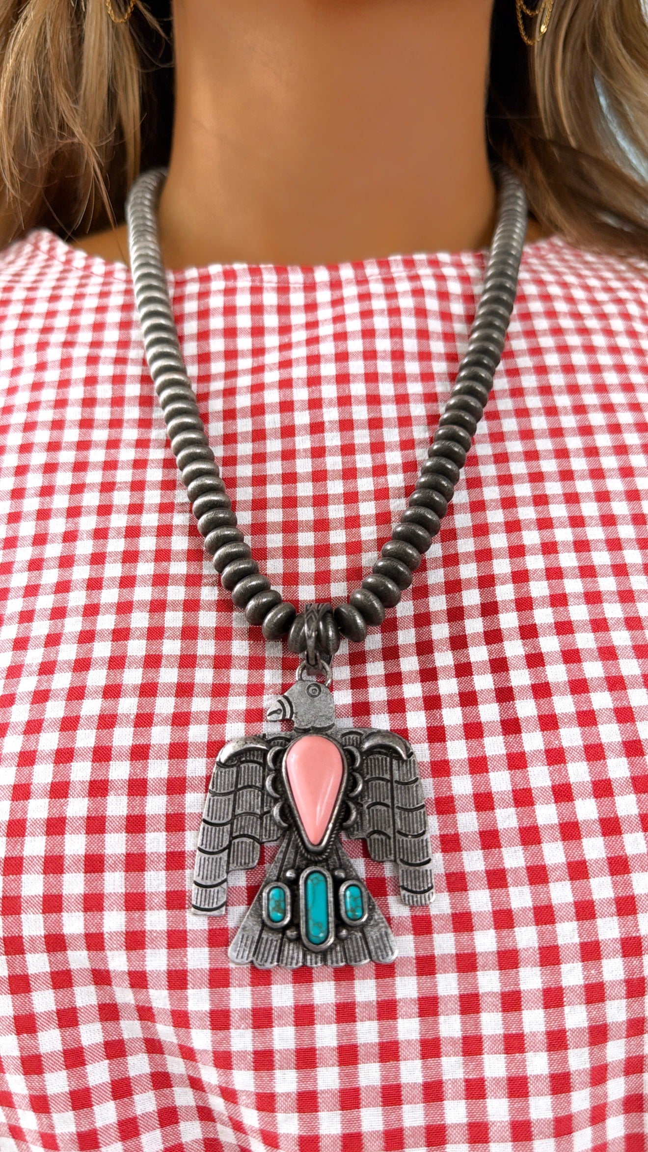 Eagle Pendant Beaded Necklace, Lt.Pink