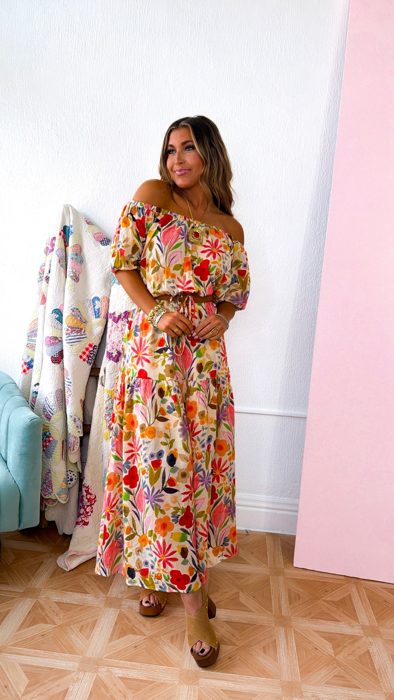 Floral Bouquet Two Piece Set, Tan/Multi