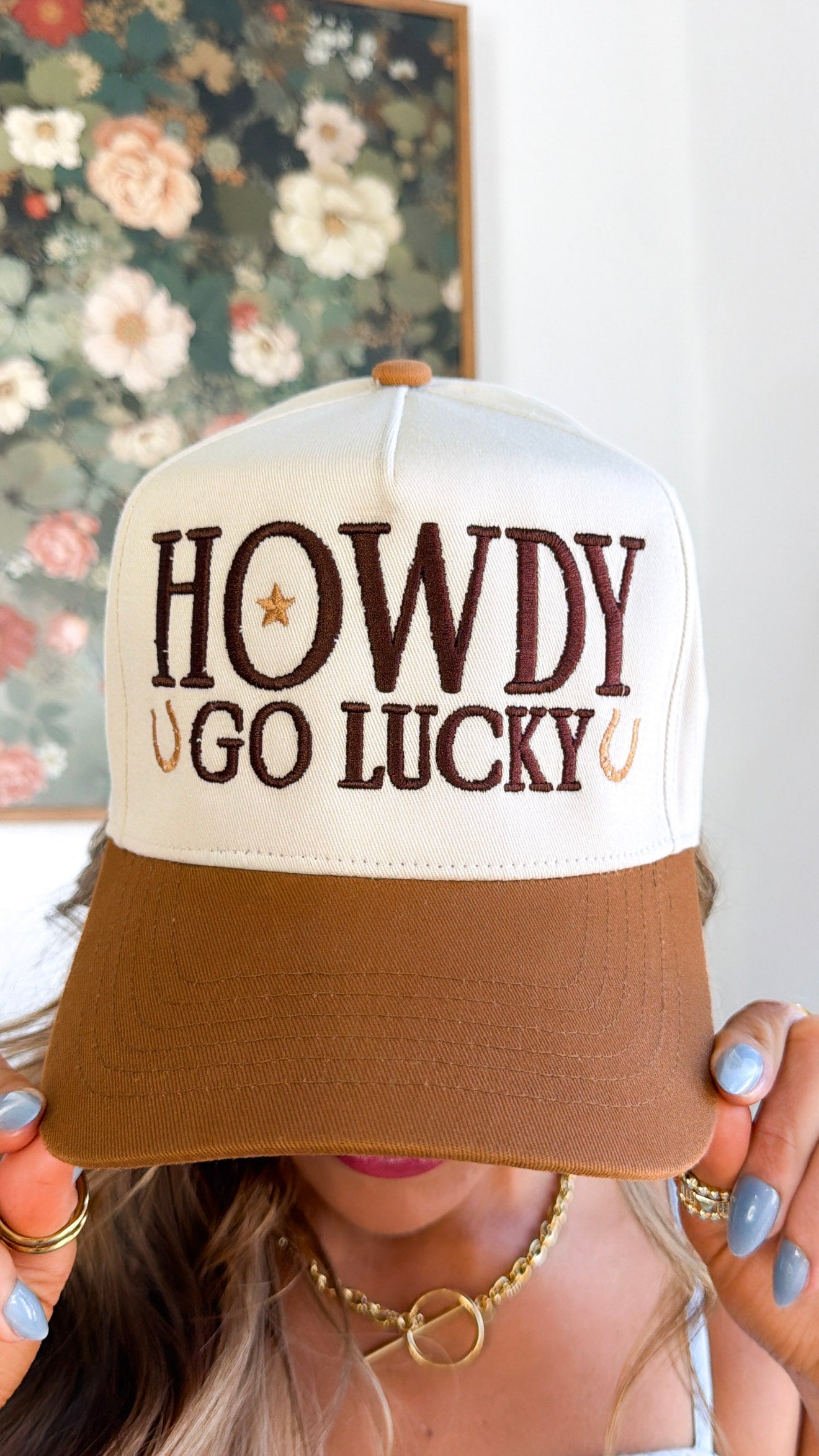 Howdy Go Lucky Trucker Hat, Canvas Brown