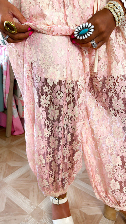 Floral Lace Balloon Joggers, Blush/Peach