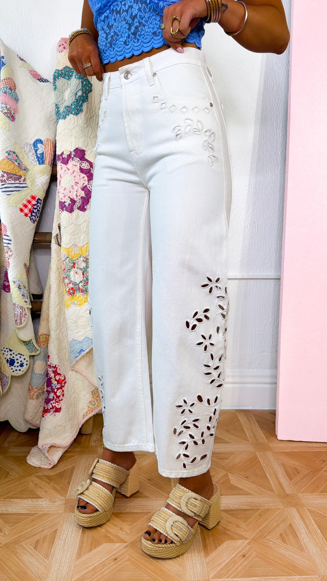 Eyelet Floral Barrel Jeans, White
