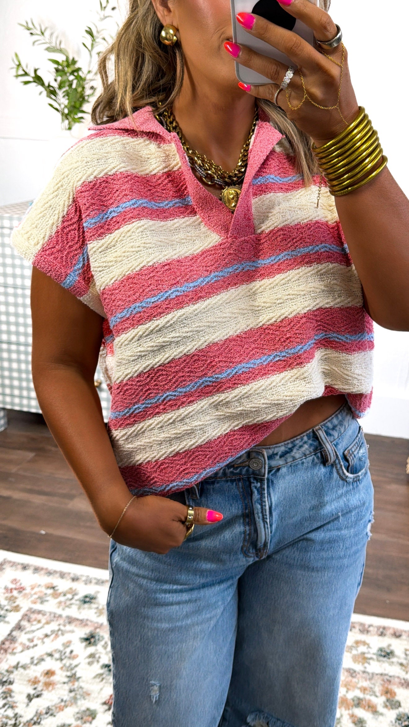 Collared Stripe Sweater Vest, Cream/Coral Red