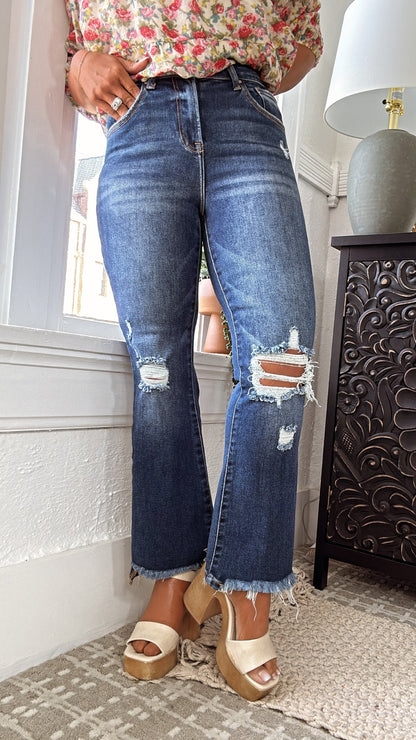 Corey Cropped High Rise Flare Jeans, Dark Risen
