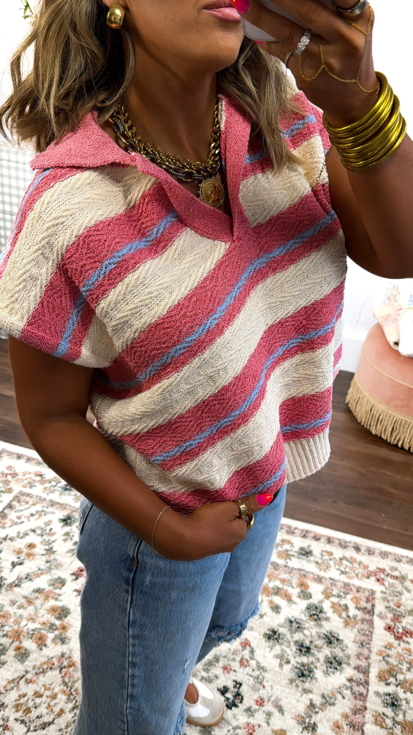 Collared Stripe Sweater Vest, Cream/Coral Red