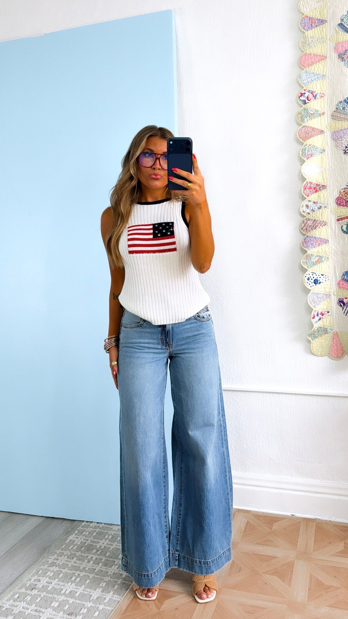 Fun & Free Sweater Tank, White/Navy
