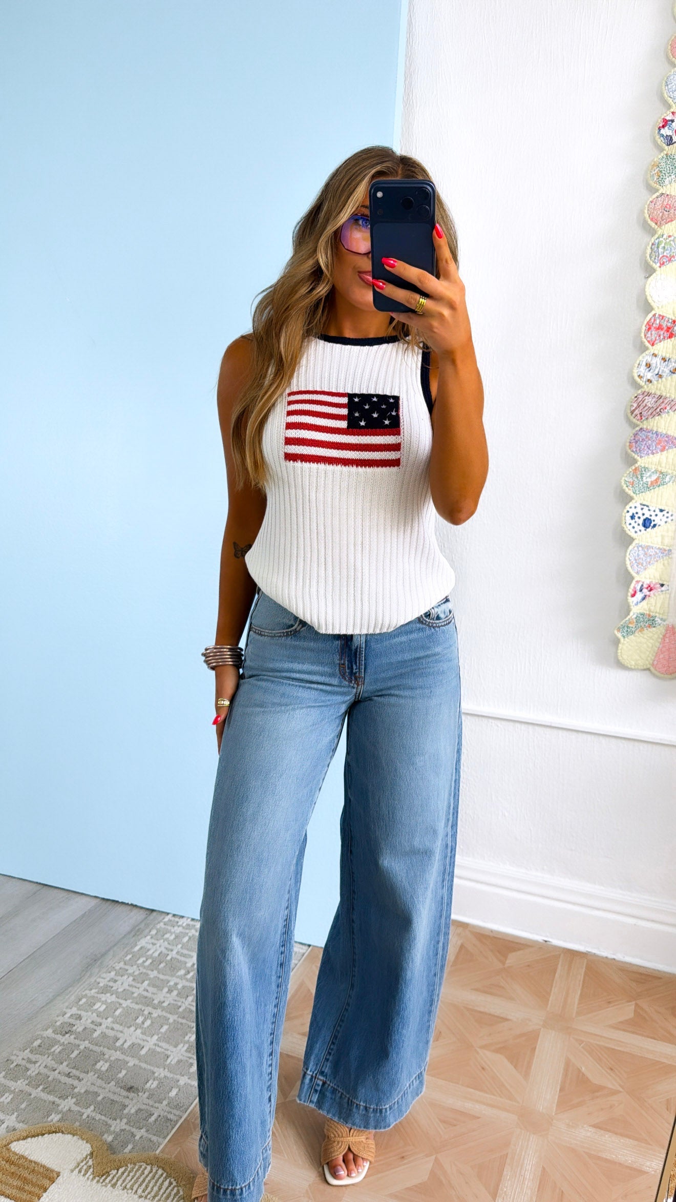 Fun & Free Sweater Tank, White/Navy