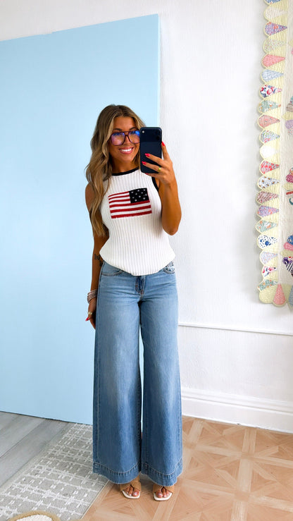 Fun & Free Sweater Tank, White/Navy