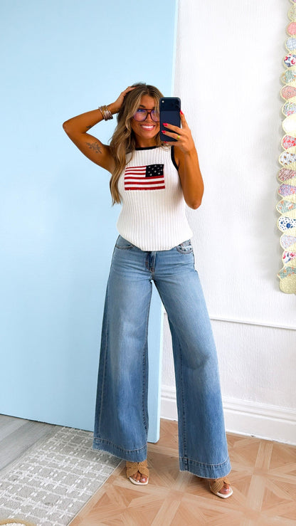 Fun & Free Sweater Tank, White/Navy