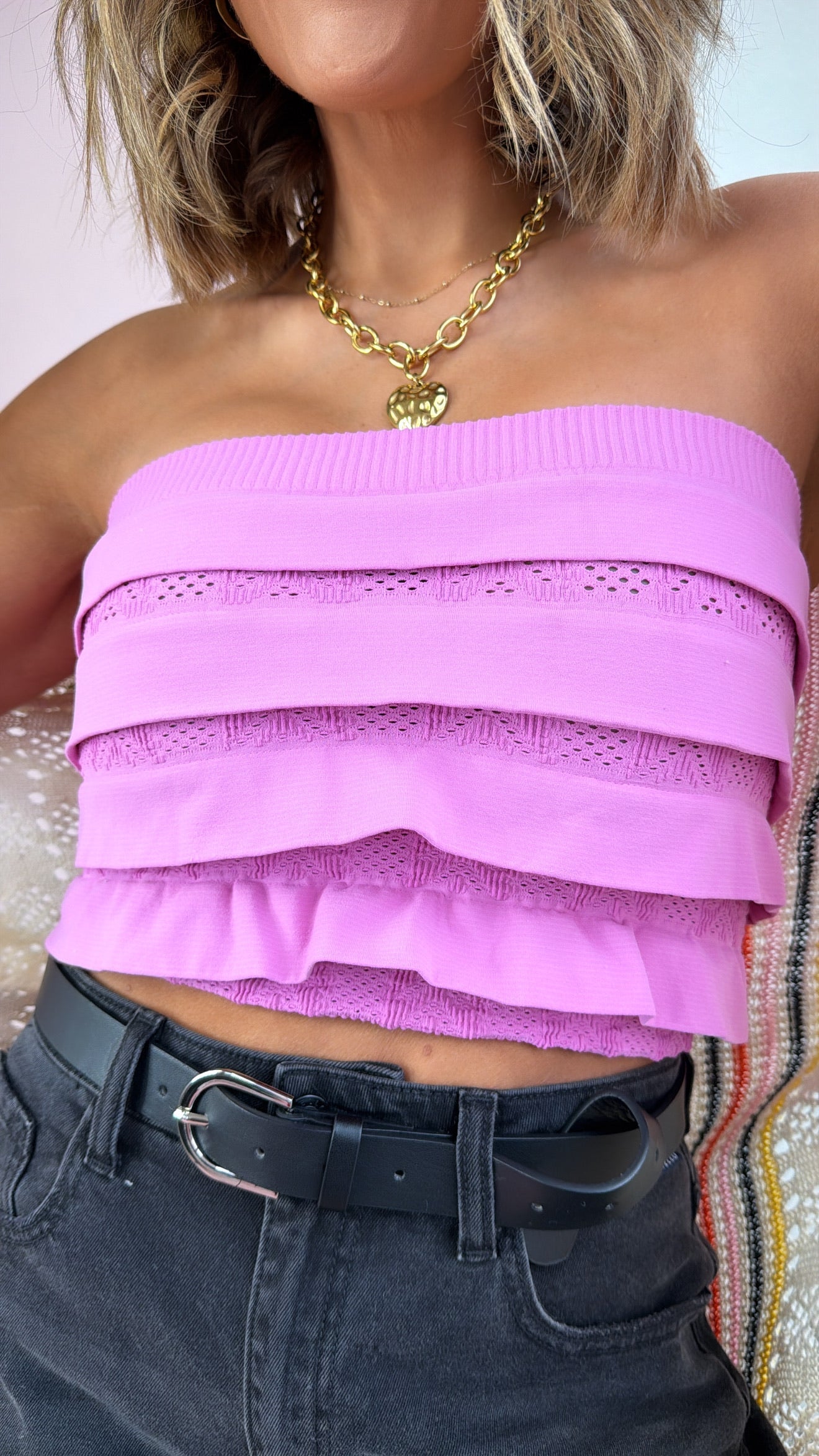 Layered Ruffled Tube Top, Crocus Pink
