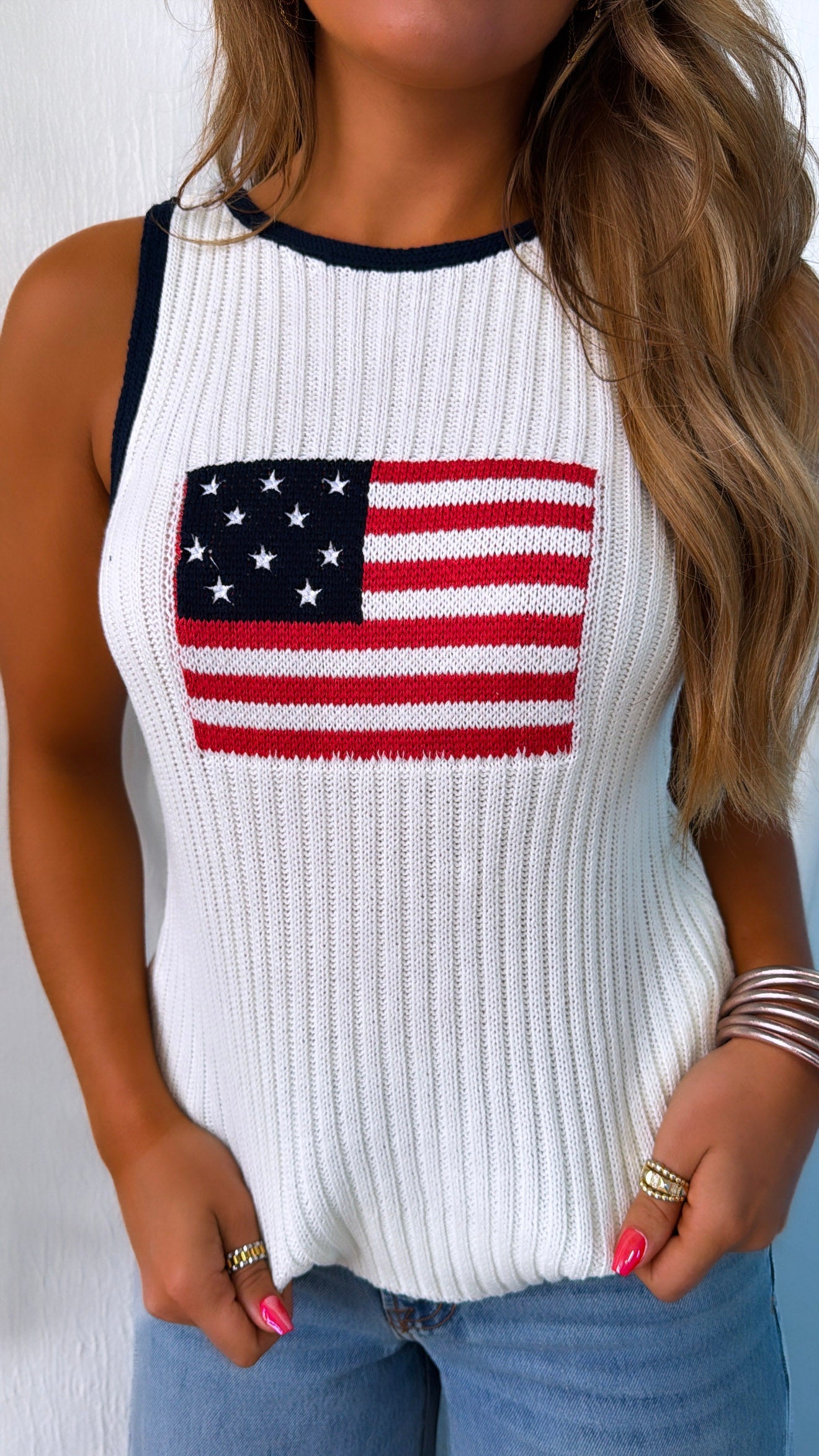 Fun & Free Sweater Tank, White/Navy