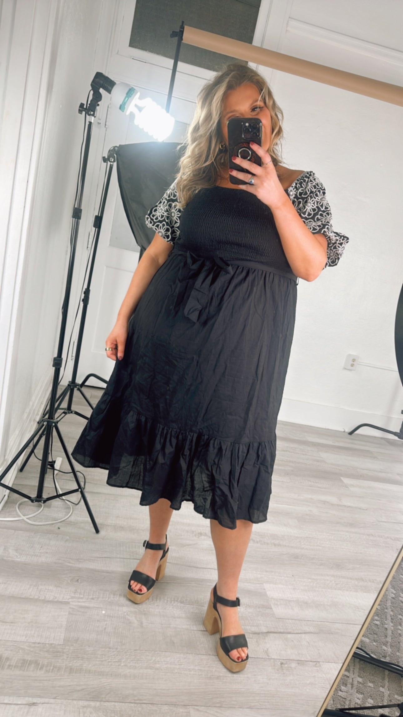 Embroidered Midi Dress, Black