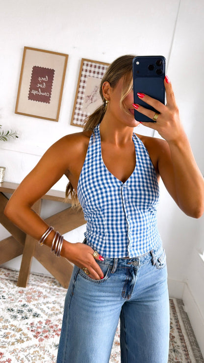 Gingham Halter Top, Blue